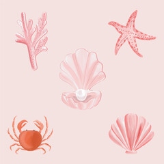 hand drawn watercolor sea world creatures illustration