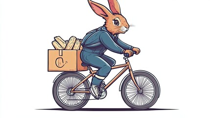 Fototapeta premium Cartoon Rabbit Delivering Package On A Bicycle