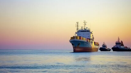 Obraz premium Cargo ship sailing out to sea at sunrise, loaded with colorful containers and accompanied by tugboats in a busy port.