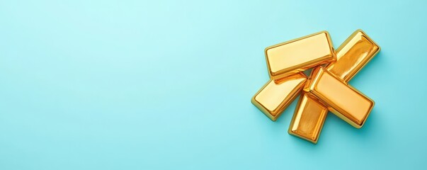 A collection of gold bars on a turquoise background, symbolizing wealth, luxury, and investment opportunities.
