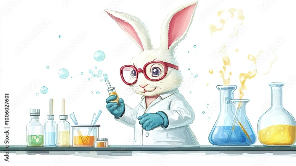 Poster a white rabbit scientist conducting an experiment in a laboratory