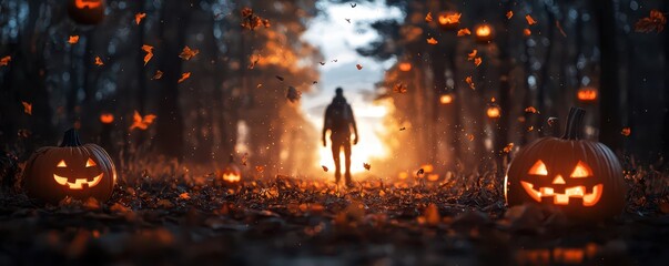 Fototapeta premium A solitary figure walks through a forest at sunset, surrounded by glowing jack-o'-lanterns, creating an eerie and mystical Halloween atmosphere.