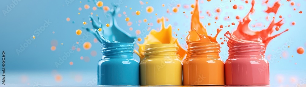 Poster four splashy paint bottles in vibrant colors create a dynamic visual against a light blue background