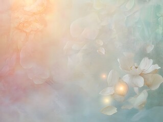 Whimsical pastel gradient backdrop with softly drifting petals glowing celestial orbs diaphanous gossamer fabrics and kaleidoscopic prismatic effects