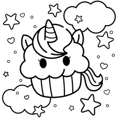 cute unicorn cupcake coloring book illustration