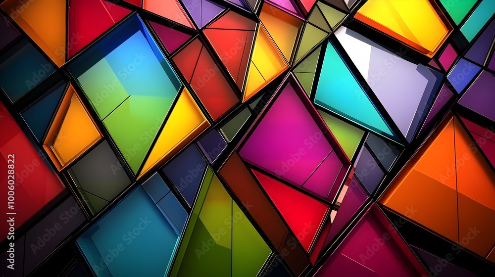Poster vibrant array of interlocking triangles squares and hexagons in a rainbow of colors creating a dynam