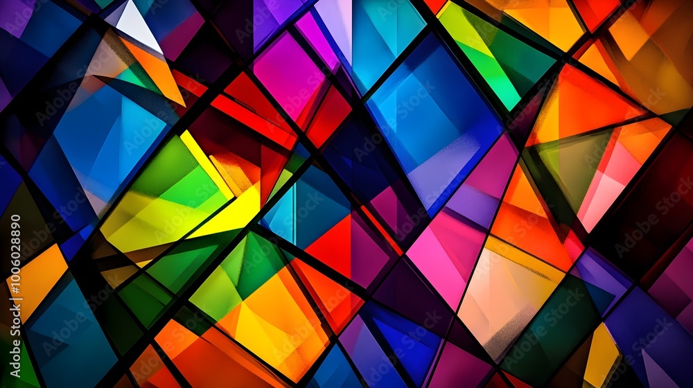 Poster vibrant geometric shapes in dynamic prismatic composition reminiscent of design principles with inte