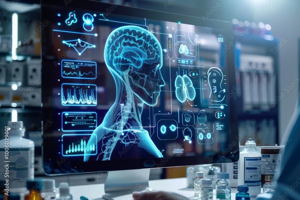 Poster exploring the intricacies of neuroscience through advanced digital interfaces in a modern laboratory