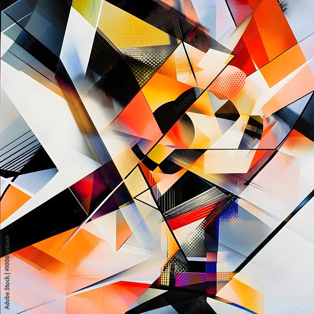 Poster vibrant kaleidoscopic abstract composition of dynamic shapes lines and colors reminiscent of the ene