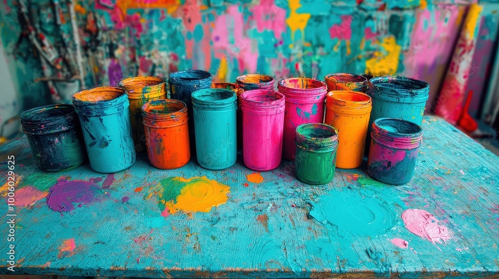 Poster a row of vibrant paint jars in various colors stands on a textured table, surrounded by splashes of 