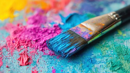 Fototapeta premium A colorful paintbrush rests on a vibrant canvas covered with splashes of various paint colors.