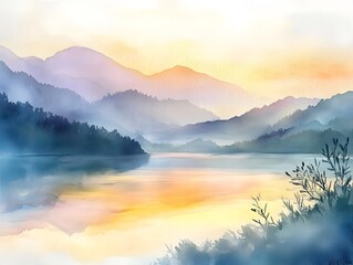 Fototapeta premium Soft pastel hues blended effortlessly in a serene and delicate watercolor painting showcasing a captivating mountain vista with golden hour lighting and natural textured brushstrokes