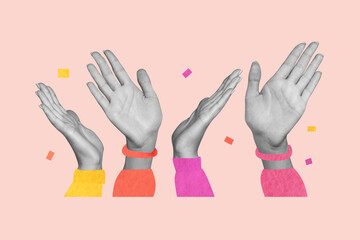 Composite trend artwork 3D sketch image photo collage of many crowd huge hands wrist arm appear show gesture wave hello hi friendly © deagreez