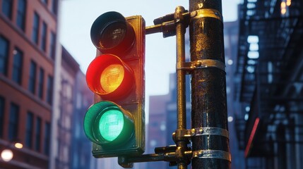Close-up of a traffic light with red, yellow, and green signals, detailed and set against a realistic urban backdrop.