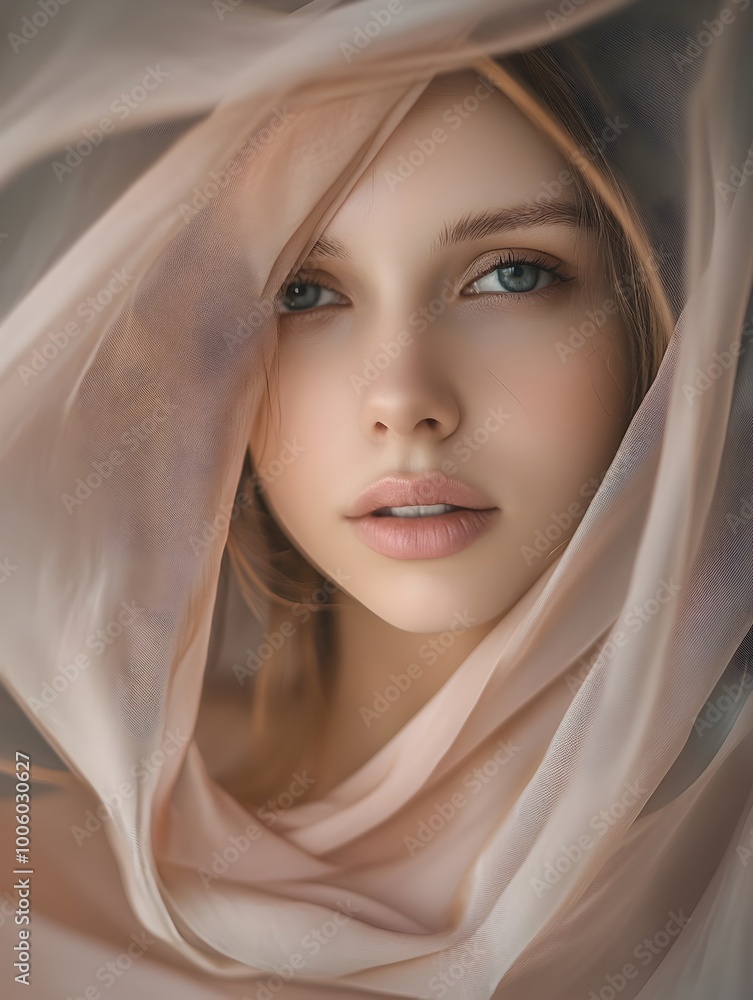 Poster captivating portrait of a woman with delicate features framed by flowing fabric in subtle pastel ton