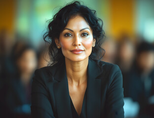Fototapeta premium A photo of an attractive indian woman in her 60's with dark curly hair and hazel eyes, wearing business attire