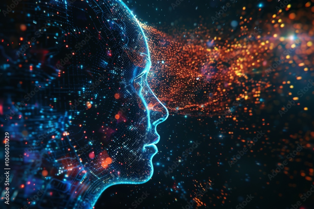 Poster a mesmerizing fusion of technology and humanity in a digital realm filled with vibrant lights and sw