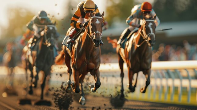 Three horses race on a dirt track with jockeys in yellow and red riding them