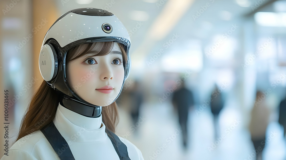 Aufkleber ai robot with camera in helmet looks forward in a public space