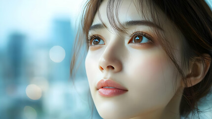 Close Up Portrait of a Young Woman with Soft Lighting and a Dreamy Expression