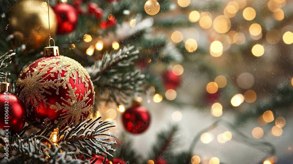 Poster beautiful red and gold ornaments hang from a christmas tree, surrounded by softly glowing lights, cr