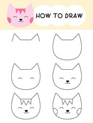 Fototapeta premium How to draw cat face cartoon step by step for learning, kid, education, coloring book. Vector illustration