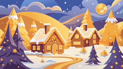 Fototapeta premium Winter cottages nestled in snowy hills under a glowing moon