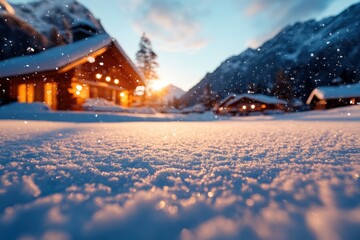 A warm, glowing cabin nestled in a snow-covered mountain landscape, with snowflakes gently falling at sunset, creating a picturesque winter wonderland scene.