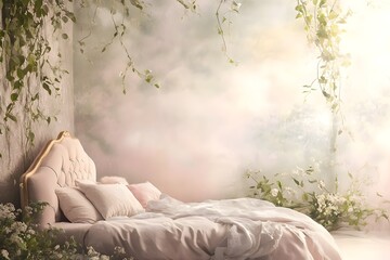 Relaxing pastel hued bedroom oasis with a plush upholstered bed trailing vines and natural elements rendered in a soft hazy watercolor technique with an ethereal romantic atmosphere