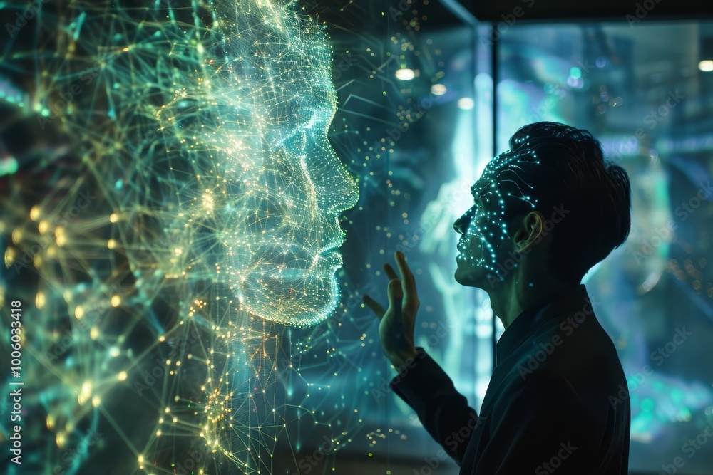 Poster exploring the digital frontier as a figure interacts with a holographic face in a futuristic setting