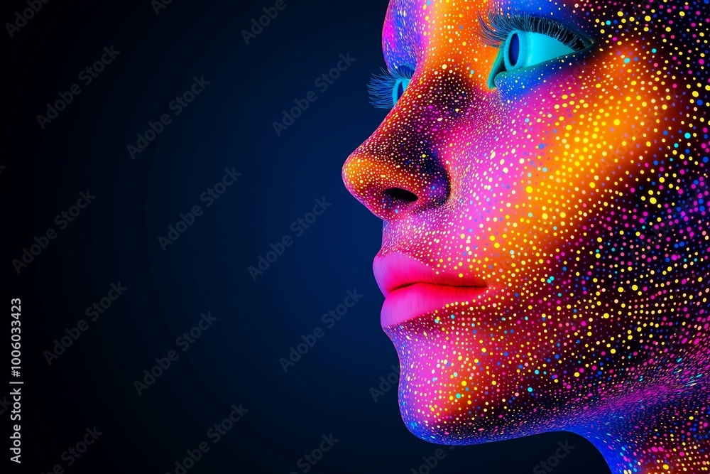 Poster woman's face is painted with a rainbow of colors. the face is made up of many different colored squa