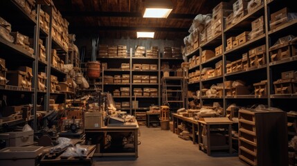 Obraz premium Warehouse Interior with Shelves Filled with Boxes