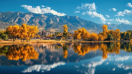 Obraz premium Serene Lake with Autumn Trees and Mountain Background
