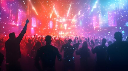 Obraz premium Immersive and electrifying music festival scene with a captivating crowd vibrant colors pulsing energy and a modern futuristic aesthetic creating a thrilling and euphoric atmosphere