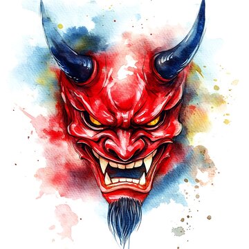 Watercolor Painting of a Red Devil Mask with Horns.
