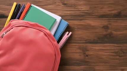 Top view of an organized students backpack, with notebooks, pens, and textbooks peeking out, ready for school backpack essentials, organized student