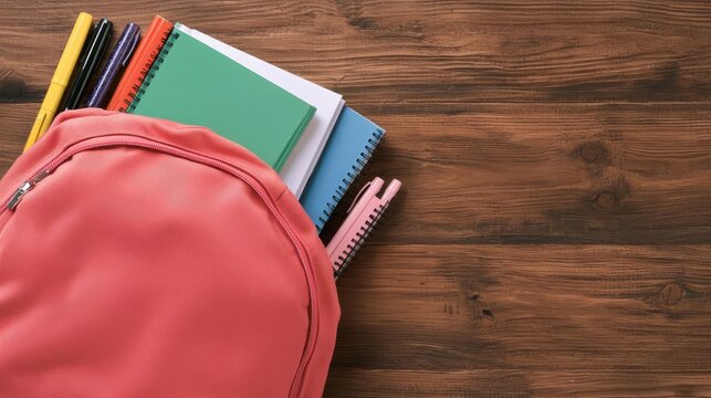 Top view of an organized students backpack, with notebooks, pens, and textbooks peeking out, ready for school backpack essentials, organized student