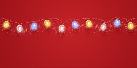 Bright multicolored light garlands realistic Christmas decorations isolated on red background. Light bulbs on ribbon among snowflakes. Vector 3D illustration.