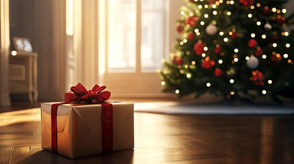 Embrace the holiday spirit with this festive scene featuring a beautifully wrapped gift