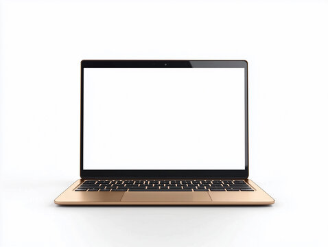 Gold laptop blank screen modern minimalist workspace technology business mockup isolated white background digital device computer portable stylish sleek flatlay front view advertisement