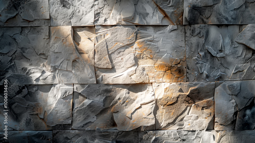 Poster textured stone wall with intricate patterns and natural light play in an artistic setting