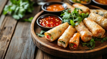Spring rolls and sauces on wooden table, 