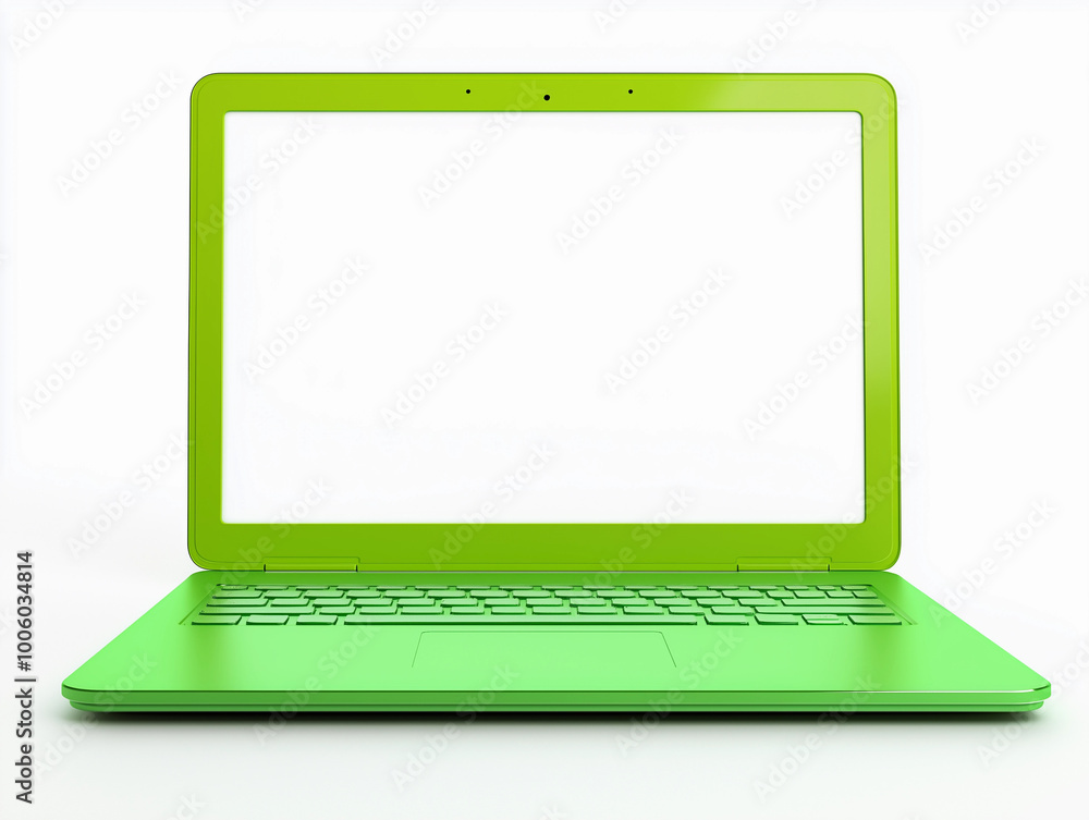 Poster bright lime green open laptop blank screen modern digital device technology workspace minimalist bus