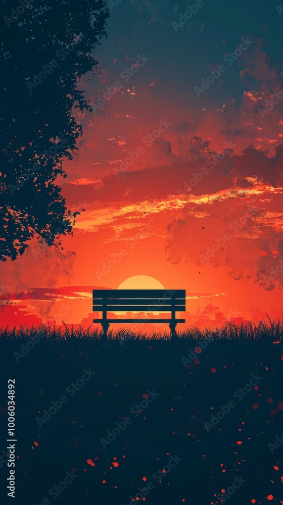 Aufkleber a bench is sitting in a field with a sunset in the background. the bench is empty and the sky is ora