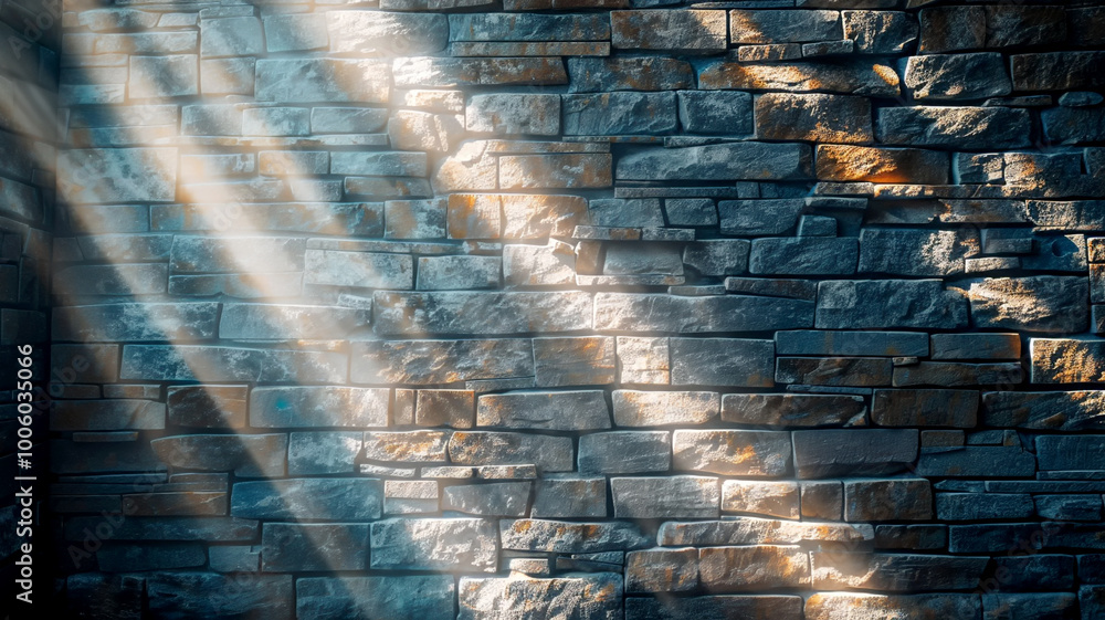 Poster Sunlight filtering through the cracks of a rustic stone wall in a serene setting