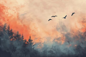 A painting of three birds flying over a forest with a sky in the background. The mood of the painting is serene and peaceful