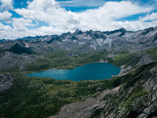 Aerial view of beautiful high altitude mountain and lake landscape