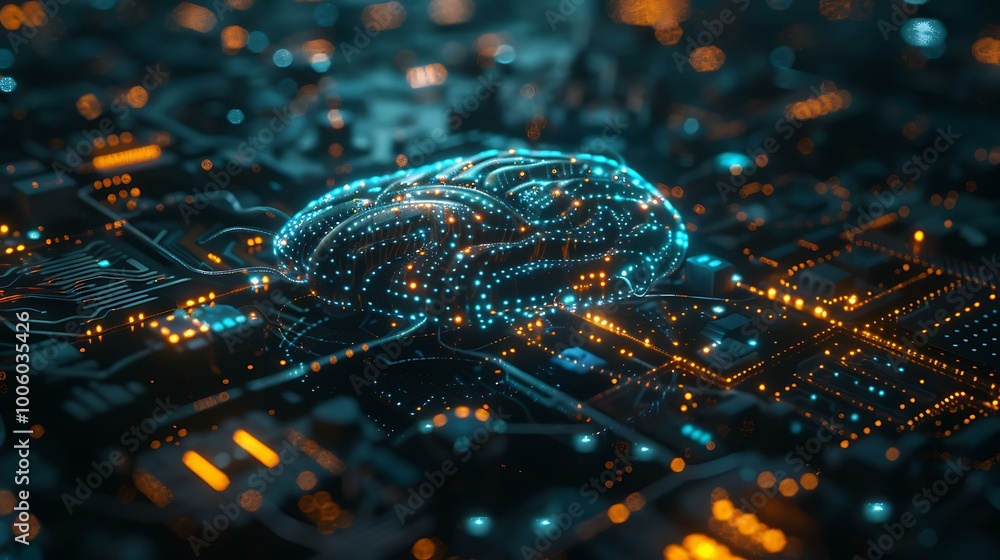 Poster a futuristic digital brain symbolizing artificial intelligence and cyber security, with glowing circ