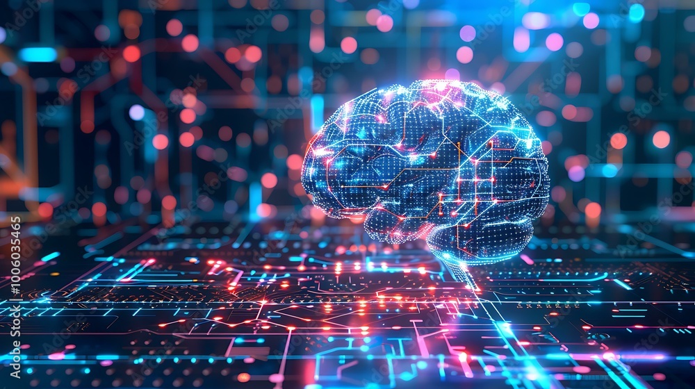 Poster a futuristic digital brain symbolizing artificial intelligence and cyber security, with glowing circ