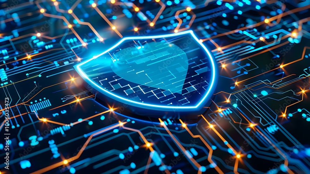 Poster a glowing digital shield hovering over a computer network, symbolizing secure cloud networking, prot